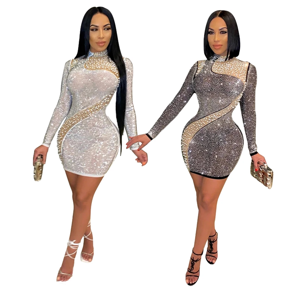 

M5359 - ladies new modern sequins rhinestones long sleeve mini dress