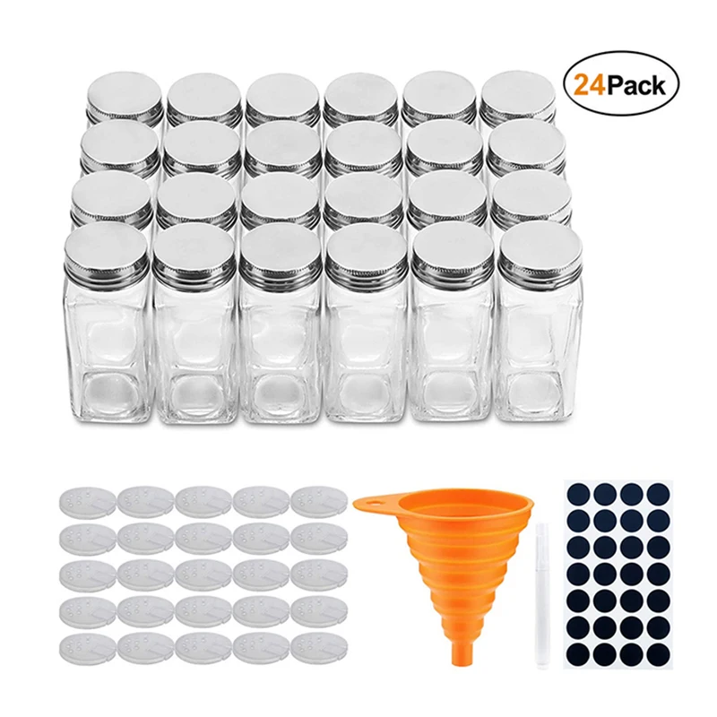 

4oz Empty Square Spice Containers with Labels Shaker Lids Airtight Metal 24 Pcs Glass Spice Jars, Transparent