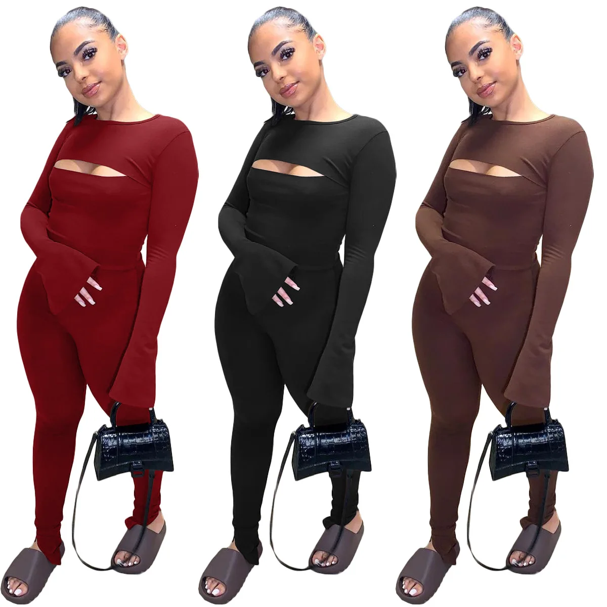 

Ladies Fall Clothes Casual Long Sleeve Hollow Out Sexy Jumpsuits Club Wear Fashion See Through Women Bodysuit, Picture color