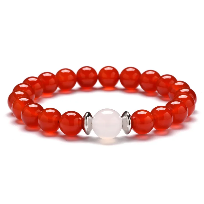 

6mm 8mm Natural Black Onyx White Onyx Red Carnelian Agate Stainless Steel Spacer Stone Stretch Bracelet, Natural color as photo shows