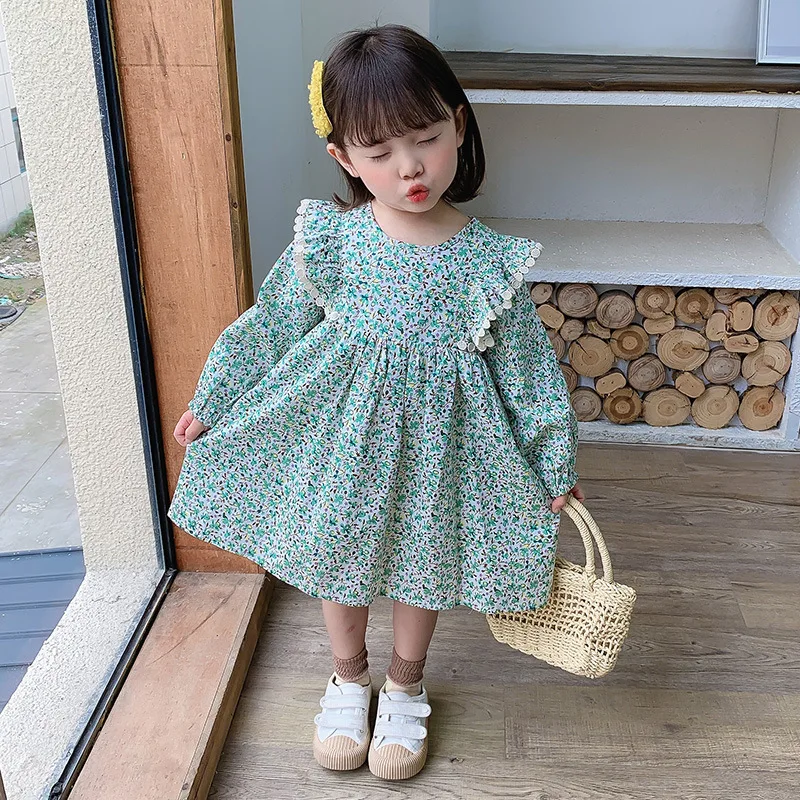 

Children's spring and autumn long-sleeved dress floral ruffled princess dress