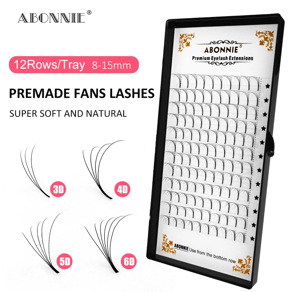 Abonnie Private Label 3D 4D 5D 6D 0.07 0.1MM Long Stem Superroots Mega Premade Volume Fans Lash Extension Suppliers Premade Fans