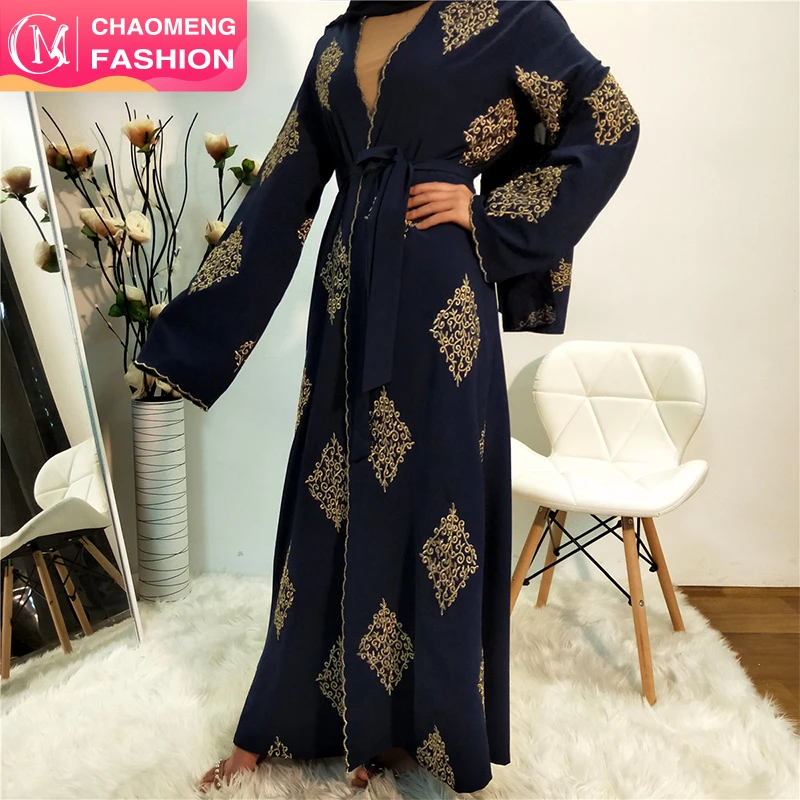 

1799# Stunningly Beautiful Gold Embroidery Elegant Black Abaya Cardigan Islamic Dubai Women Clothing, Blue/black/customized