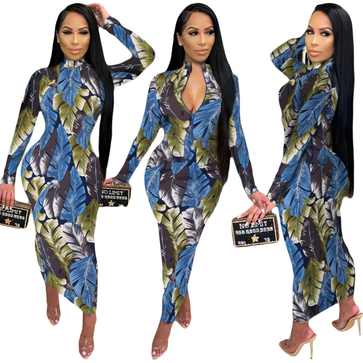 

Free Shipping C11253 - Casual Bandage Fashion Long Sleeve Printed Maxi Dress