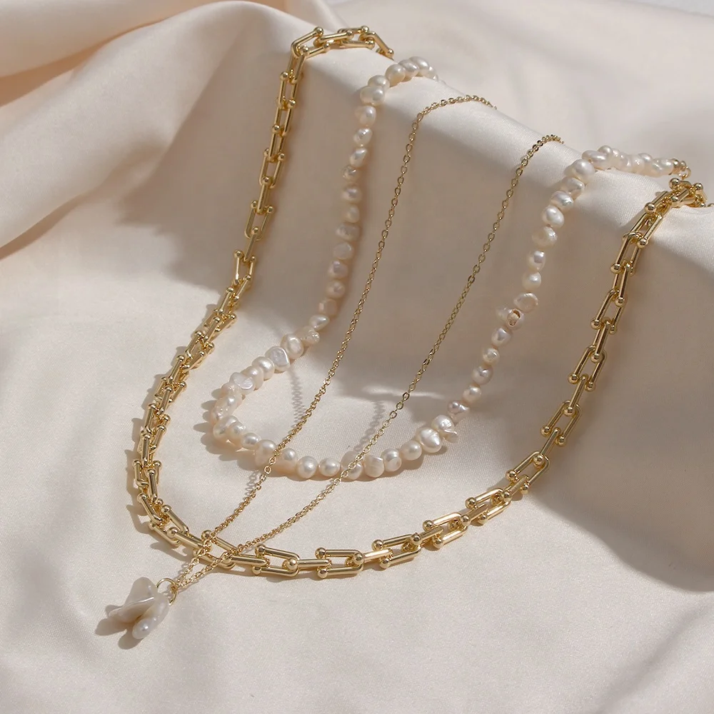 

14K Gold Plated Vintage Link Chian Natural Freshwater Pearl Choker Necklace Jewelry Set