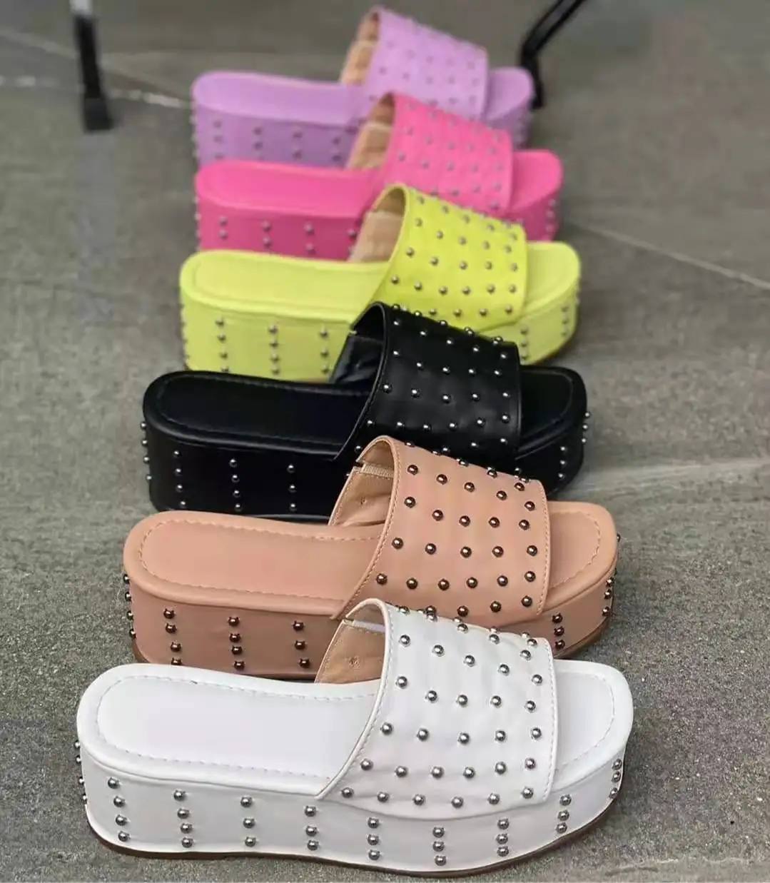 

High Quality Women Elegant High Heel Hot Selling Studded Open Toe Platform Sandals Slides For Womens Slip On Shoes, White / black / pink / purple / yellow / apricot