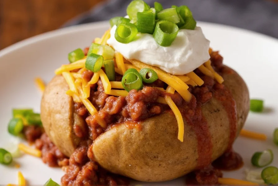 Baked potato overflowing with chili and various toppings including cheese, sour cream, and green onions