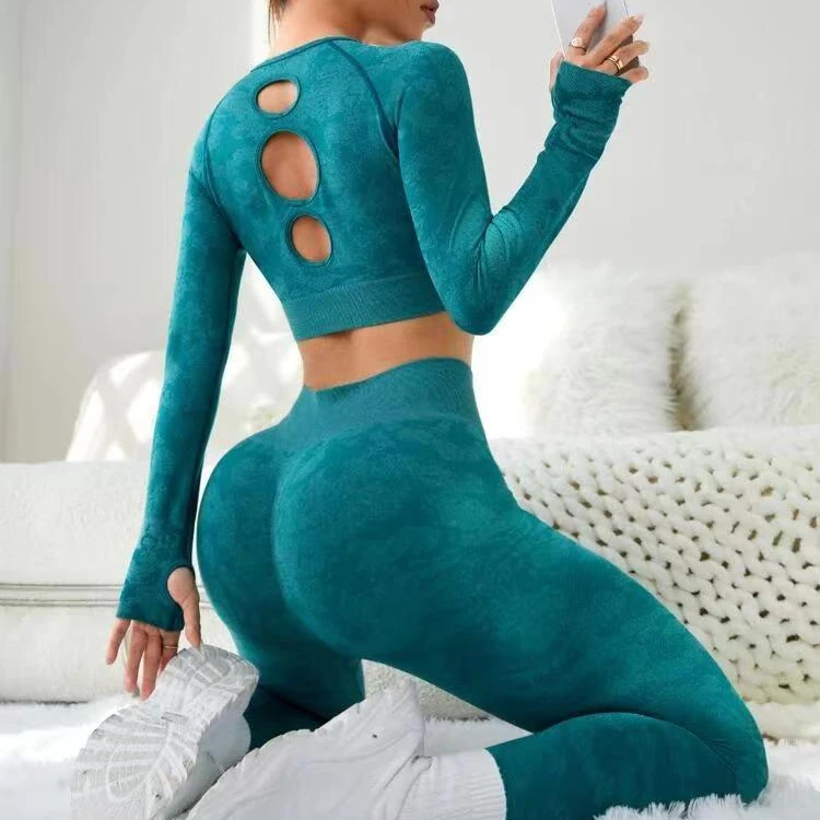 

Aoyema 2pcs Seamless Cut Out Back Yoga Set Sports Suit Thumbholes Top-stitching Raglan Sleeve Tee Tummy Control Leggings