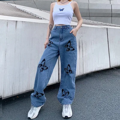 

HP1051W0D Best quality casual sale cheap online jeans pants ladies print loose pants high waist butterfly print women's jeans