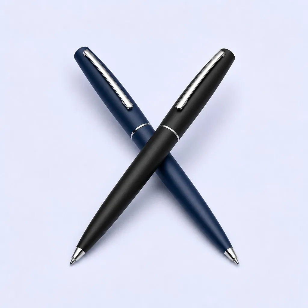 Matte black and navy blue ballpoint pens crossed in an X shape