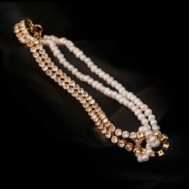 

Shangjie OEM Simple retro design diamond and pearl double row stitching necklace diamond women necklaces, Gold