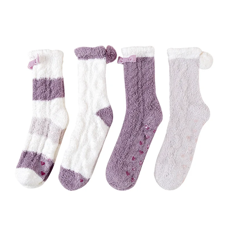 

Socks Fuzzy Warm with Pom Poms Home Wholesale Knit Fluffy Fleece Cute Cozy Bulk Bed for Women Sock Slippers With Grippers, Solid