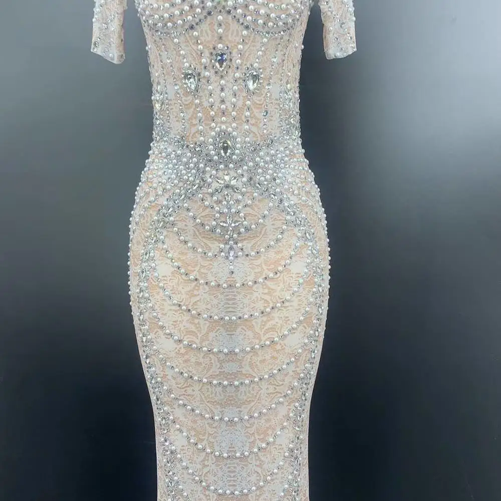 

Sexy Mesh See Through Sparkly Crystal Pearls Long Dress Women Summer Sleeveless Birthday Celebrate Party Dresses Stage Costume