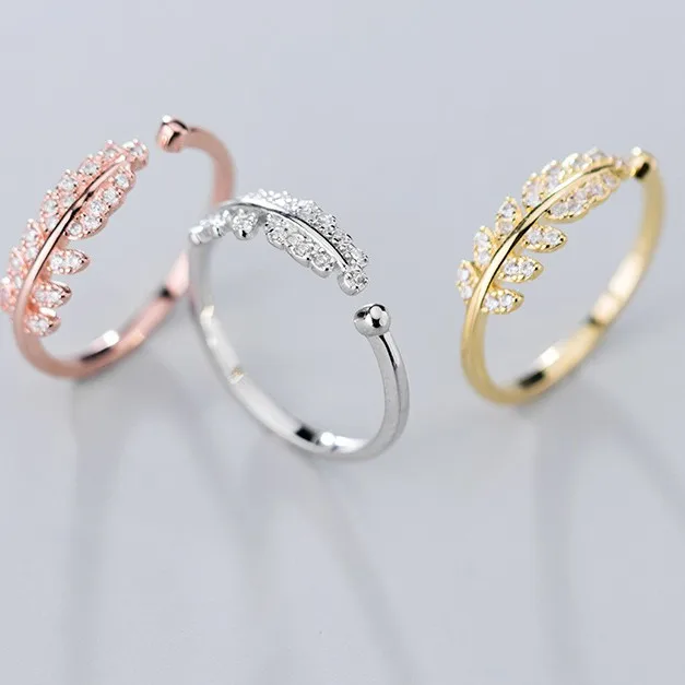 

Gold Silver Rose Gold Available 925 Sterling Silver Leaf Opening Rings Full Crystal Leaf Rings For Women