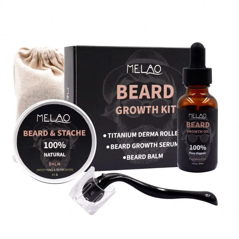 

3 piece beard kit organic private label men grooming vegan growth for men's trimmer grooming nourishing oil balm and 7 in 1