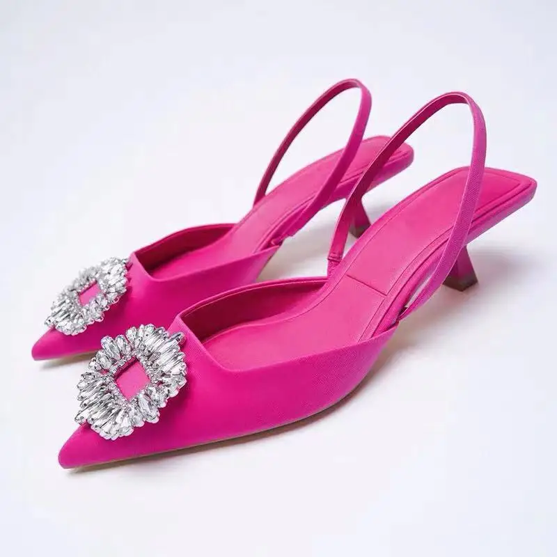 

J&H 2022 trendy fancy rhinestones heeled sandals ladies sexy pointed toe low heel big size summer shoes, 6 colors as picture