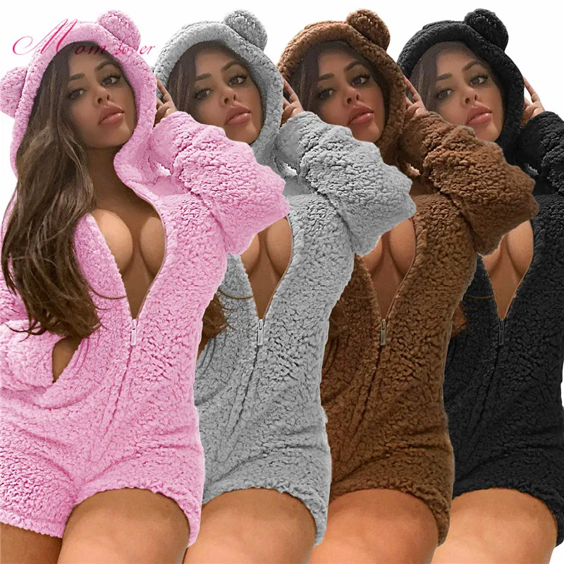 

Cardigan Hooded Cute Sleepwear Teddy Bear Onesie Fur New Soft Thick Solid Color Arrival Winter Onesie for Women Home Wear Black