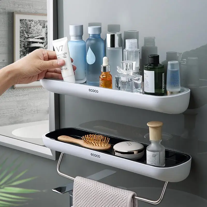 

Adhesive Bathroom Shelf Organizer Wall Mounted Shampoo Spices Shower Storage Rack Holder Bathroom Accessories, Gray black