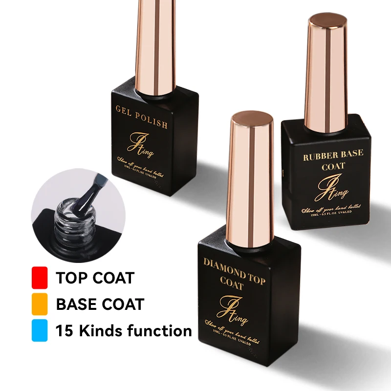 

JTING top quality 15 kinds multi function nail gel top coat rubber base coat gel nail polish no wipe high shine OEM customize