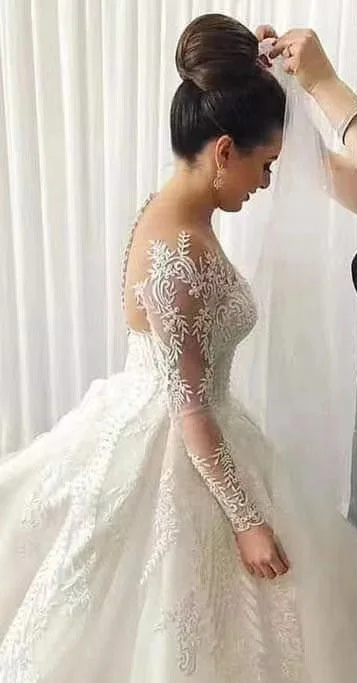 Guangzhou Auyan 2026 Mermaid Slim Wedding Dress Long Sleeve Skin Color Lace V Neck Bridbeaded Large Crystal Bride Gown