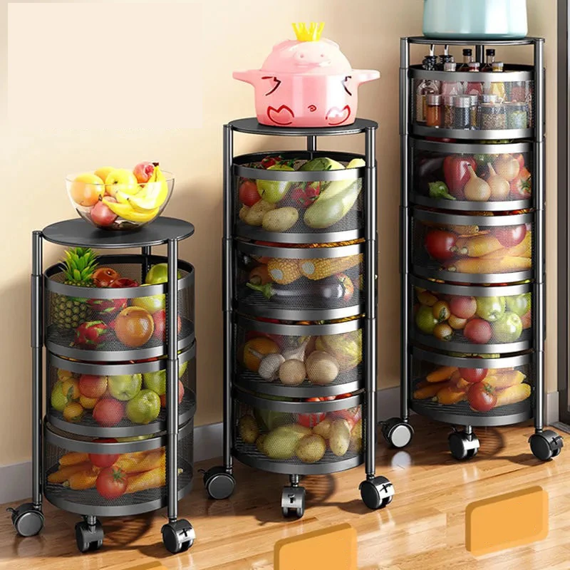 

Rotating Shelf 360 Degree Baskets Fruit Multipurpose 3/4/5 -Tier Kitchen Vegetable Metal Storage Rack With Wheels