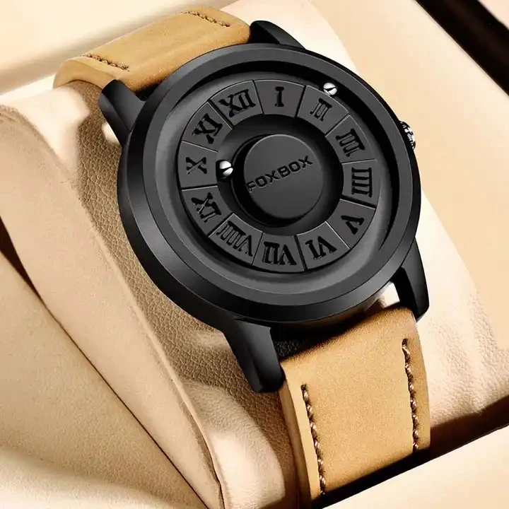 FOXBOX Men's Analog Quartz Watch Magnetic Ball LIGE Leather Band Waterproof Skeleton Design Scrolling Beads Force Wristwatch