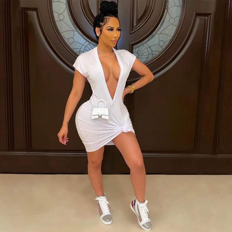 

Low Cut V Neck Sexy Bodycon Mini Dress Summer Short Sleeve Fashion Party Club Evening Prom Women 2021 Wholesale Casual Clothes