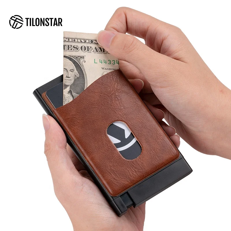 

High Quality Leather Wallet Pop Up Simple Aluminum Metal Wallet Rfid Credit Card Holder