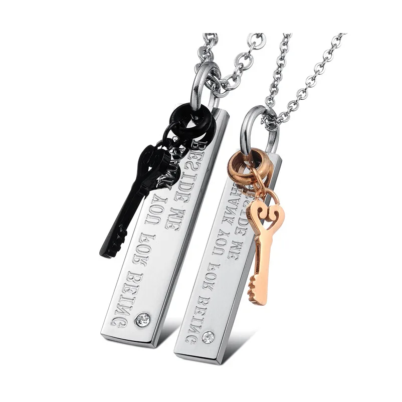 

Couple Accessories Titanium Steel THANK YOU FOR BEING BESIDE ME Letters Key Pendant Necklace Steel Square Key Necklace