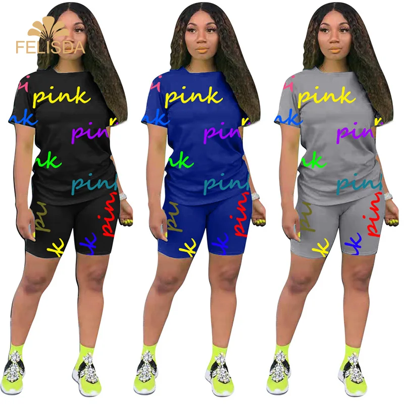 

Casual Pink Outfits Tracksuit Two Piece Set For Women Summer Clothes T Shirt Shorts Set Lounge Wear Matching Sets