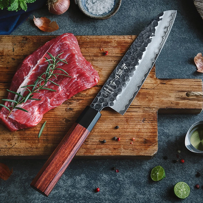 

High carbon clad stainless steel with 10Cr core 7 inch high carbon steel buffalo horn red wood kitchen chef Santoku knife