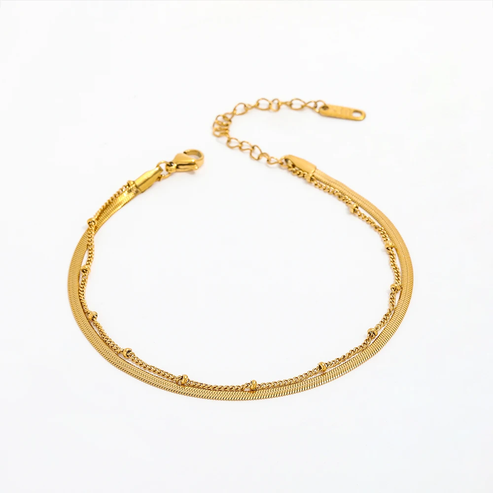 18K PVD Gold Plated High End Gold  Waterproof Tarnish Free Plated Double-layer Anklets Stainless Steel Jewelry