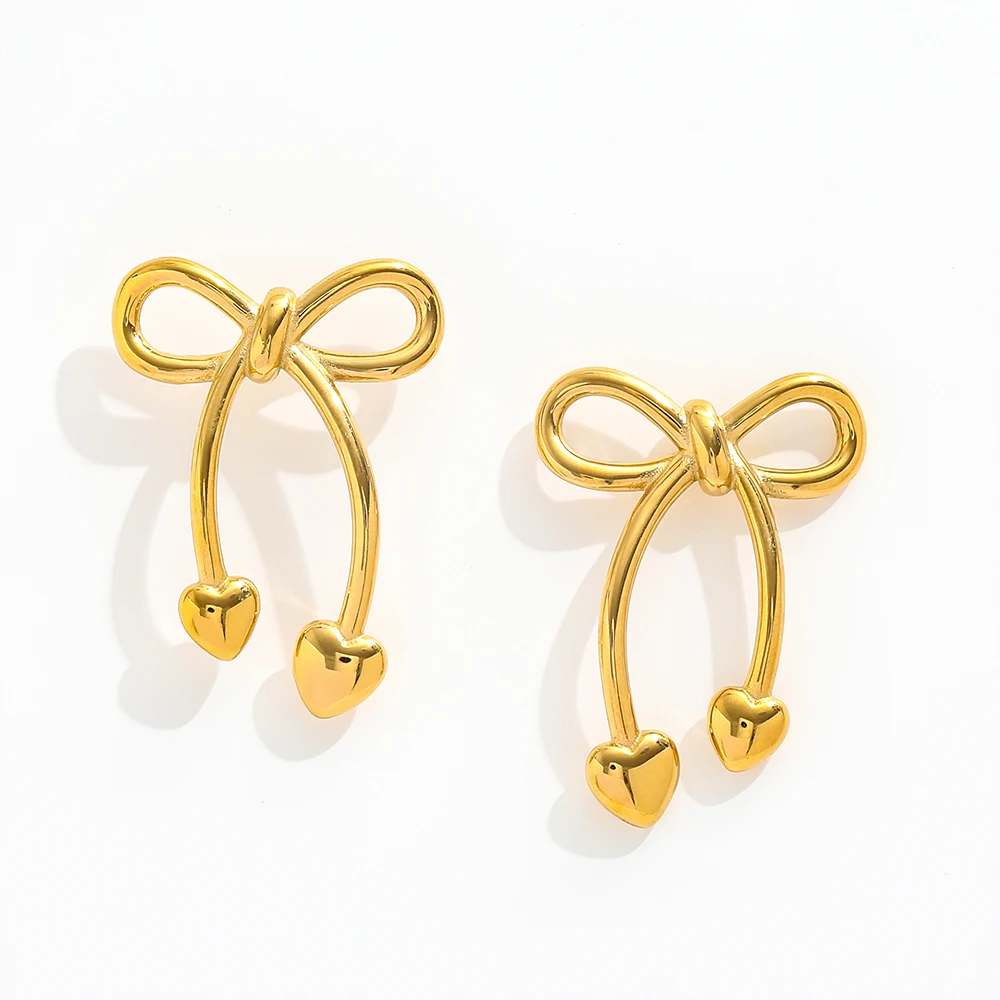 High End PVD 18K Gold Plated Waterproof Stainless Steel Jewelry Trendy Heart Bow Stud Earring Geometric Pattern