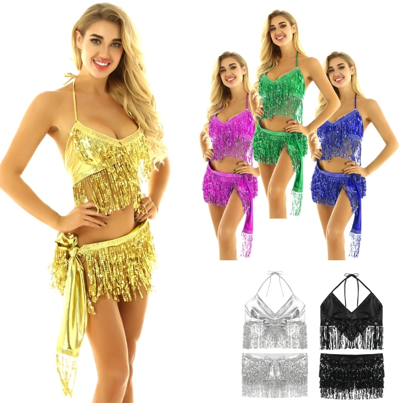 

iEFiEL Shiny Sequin Tassels Belly Dance Costume Set Halter Bra Tops with Hip Scarf Wrap Skirt Set Festival Rave