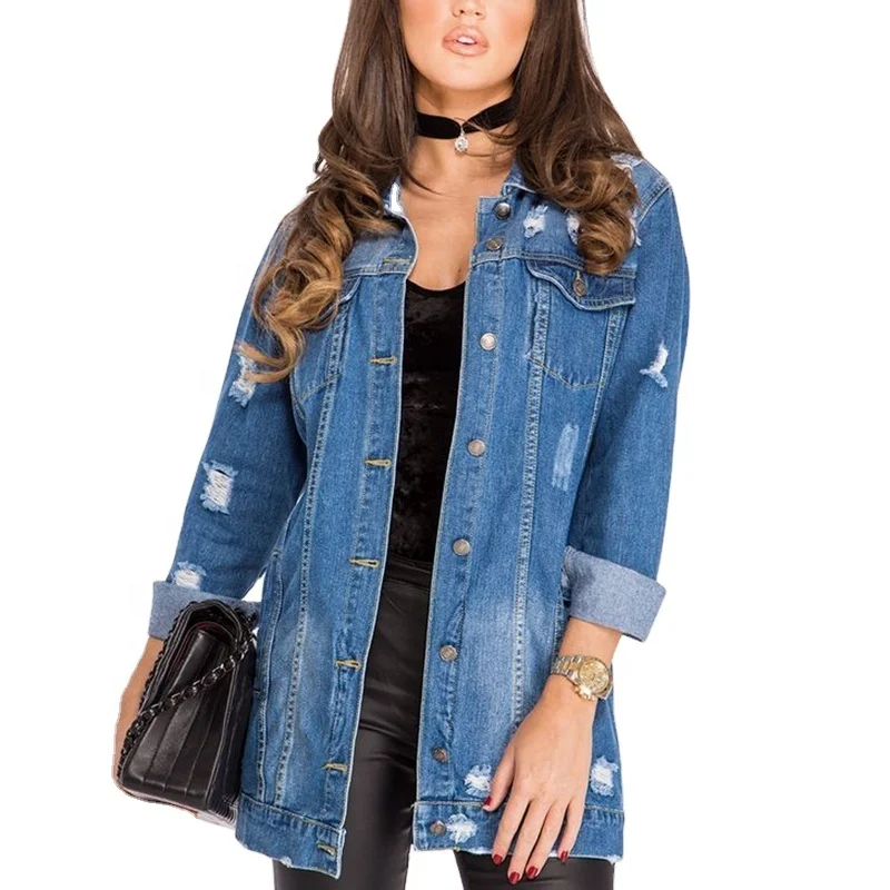 

Button Front Ripped Women Long Jean Jacket Wholesale, Blue