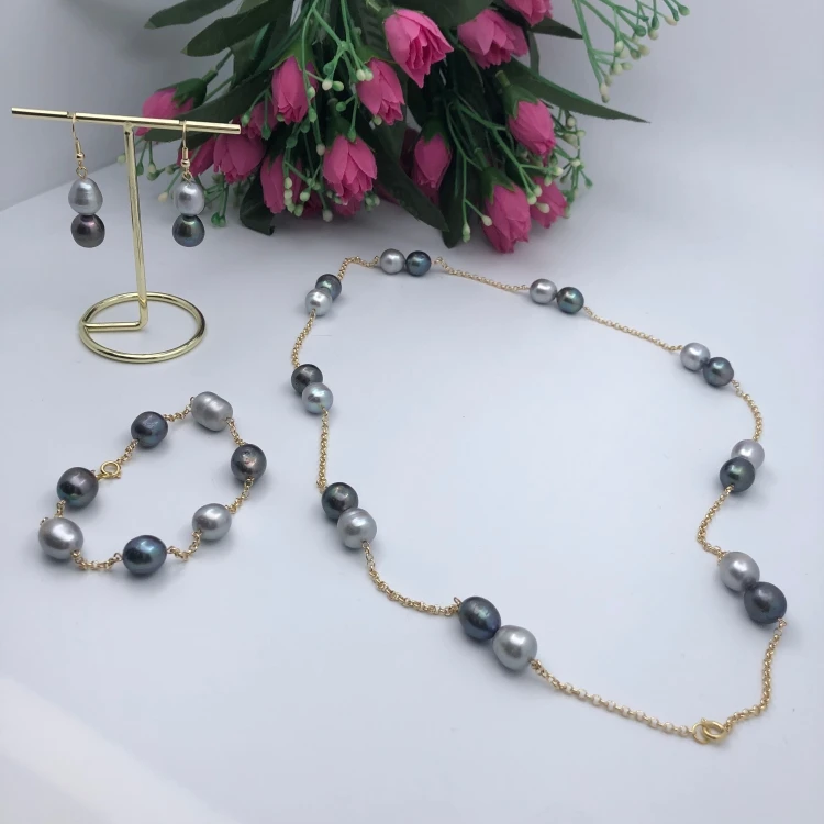 

12mm drop pearl earring set Polynesian jewelry set wholesale 14k gold plated Reall pearl necklace earring and bracelet for woman, Black