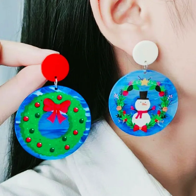 

New Christmas Acetic Acid Large Disc Series Earrings Design Sense Earrings Fashion Snowman Bell Acrylic Earrings