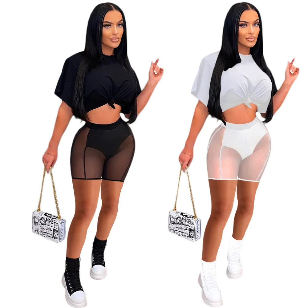 

2022 new arrival plain sexy T shirt top see through sports gauze pants spliced two piece shorts set women club wear, Different color
