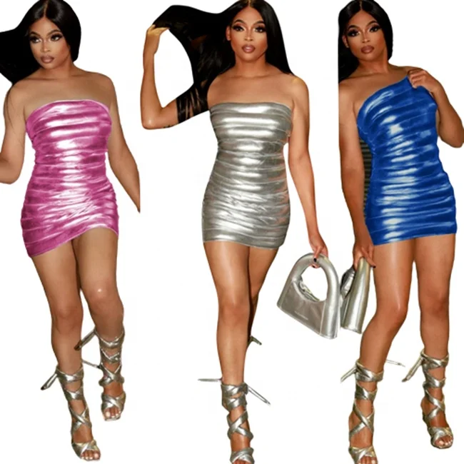 

2022 New Fashion Women Sexi Metallic Bodycon Puffer Tube Party Mini Dress Club, Green, silver, hot pink, blue