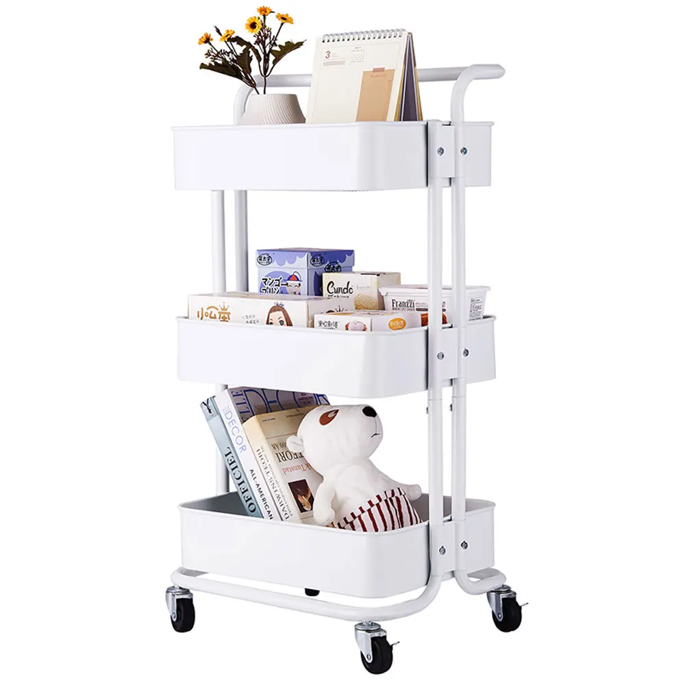 

3-tier Home Kitchen Storage Utility Cart with Handle-white with Wheel Storage Holders & Racks Kitchen Pot Drainer Rack Steel