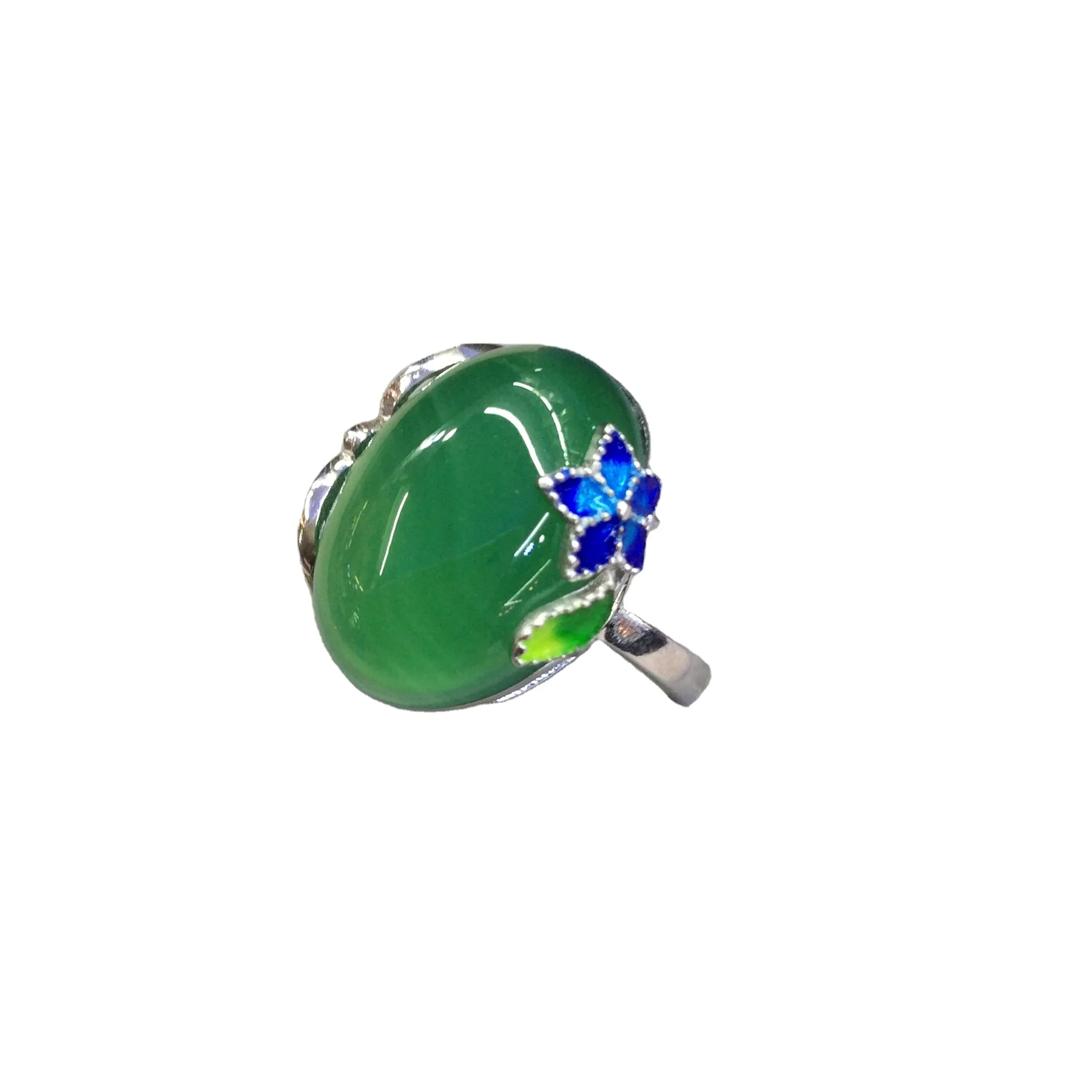 

Wollet Wholesale Korea Green Enamel Flower Sterling Silver Natural Stone Jade Ring