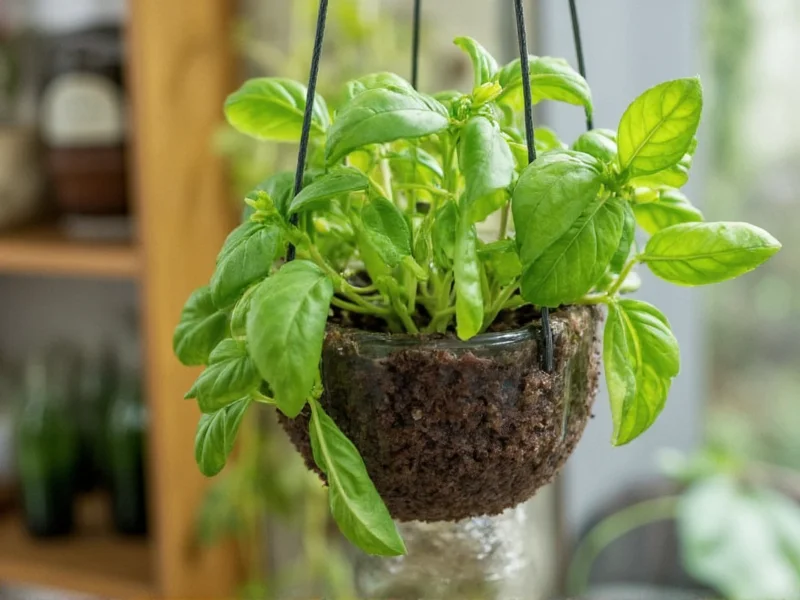 Half-cut plastic bottle transformed into hanging herb planter with thriving basil