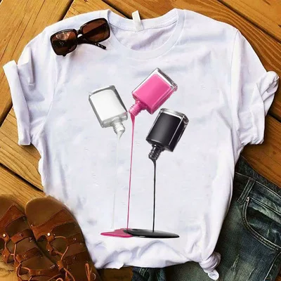

Brown red Nail polish bot graphic tees O Neck Plain oversized Short Sleeve white T shirts girls' T-shirts Casual Shirt For Women, Black white pink yellow blue green grey red