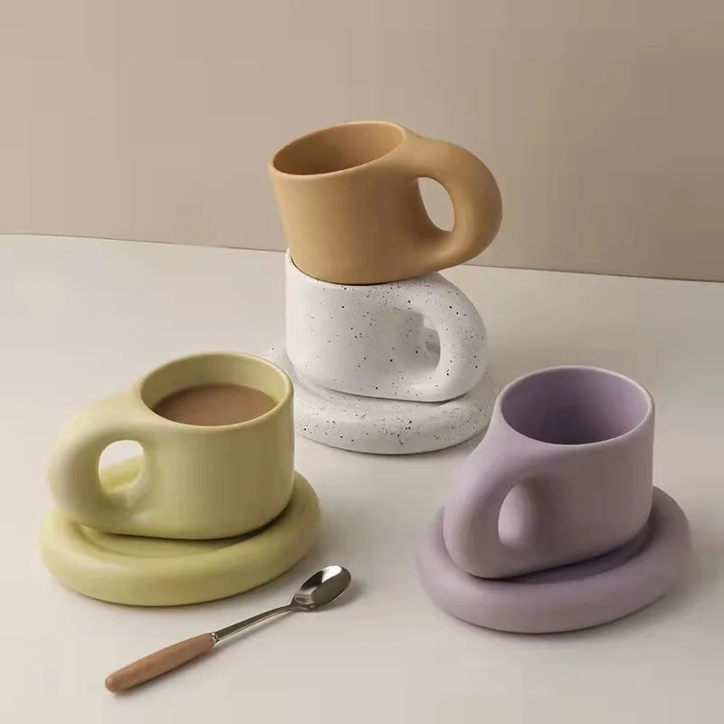 Nordic Ceramic  Cute Coffee Cup and Saucer Set Unique Design Tea Mug 270ml  Custom Fat Ceramic Mug for Gift