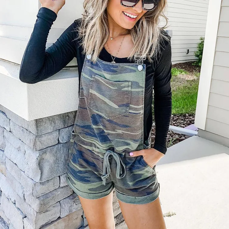 

Women Camouflage Patchwork Pockets One Piece Overall Pants Elegant Short Jumpsuit