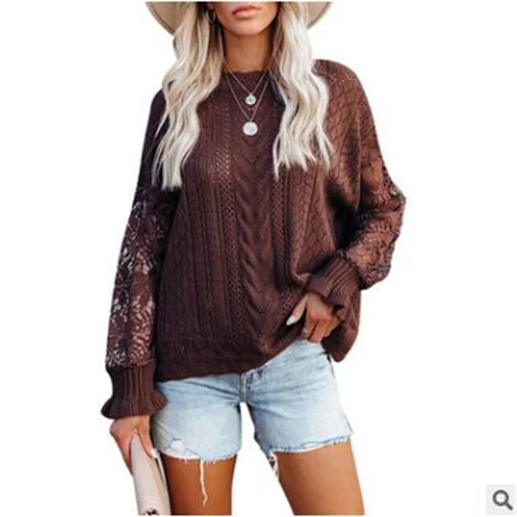 

factory custom logo women's summer Crew neck Cutout Lace Sleeve Knit Sweater women