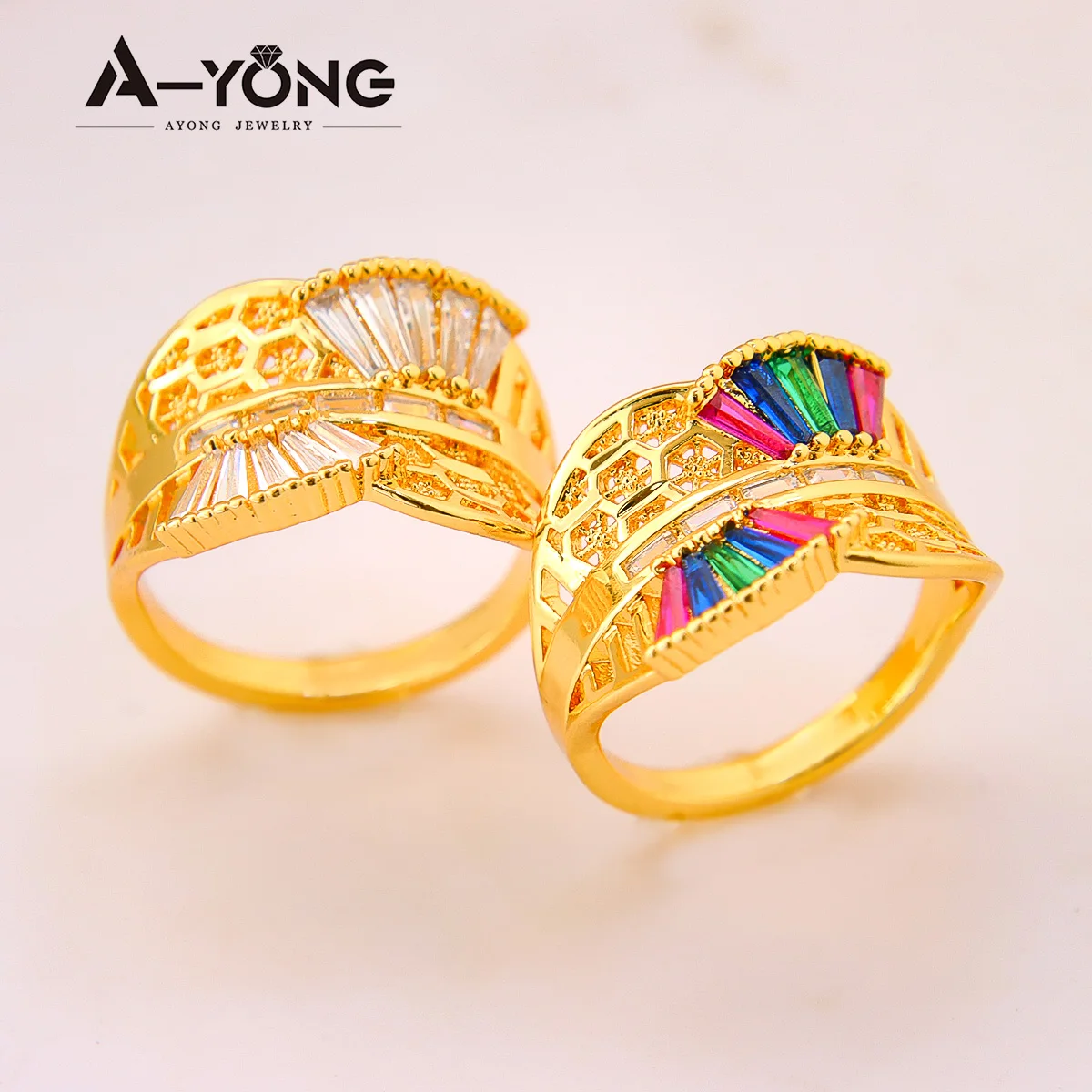 

Factory Price Ayong Jewelry Luxury Zircon Gold Scalloped Ring Women's 18k Gold Plated Ring