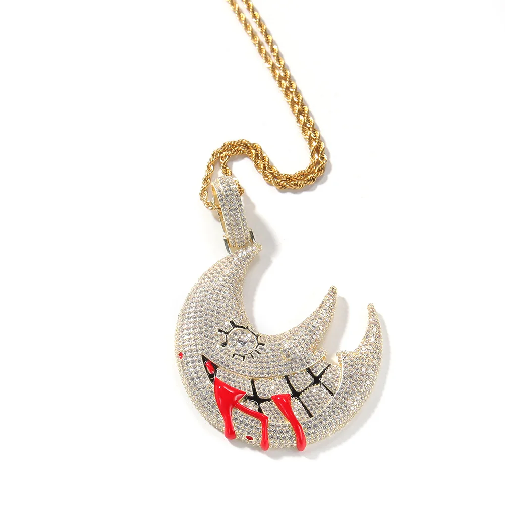 

Gold Silver Full Shiny CZ Diamond Gothic Iced Out Grinning Crescent Moon stone channel necklace