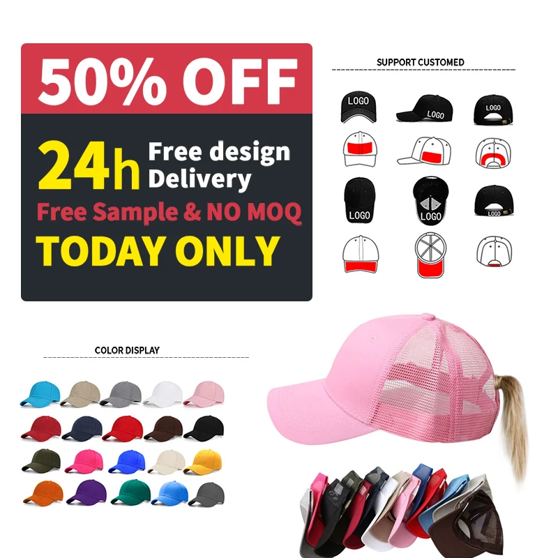 

Summer back opening solid color ladies sports trucker cap cotton ponytail baseball mesh cap