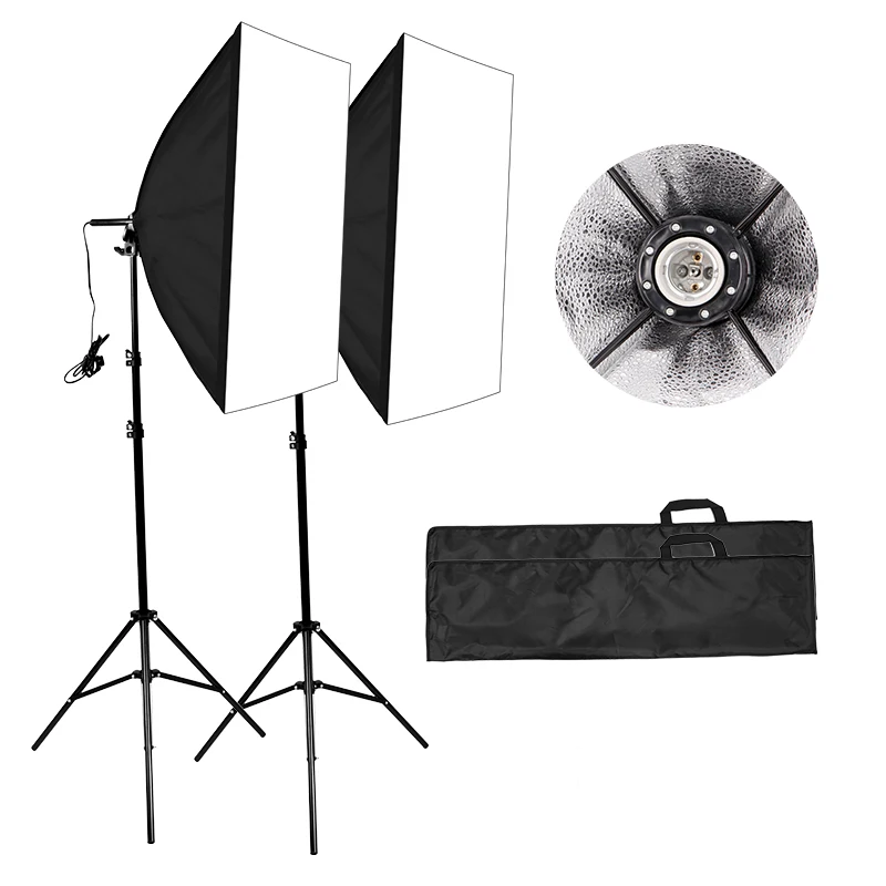 

Photography softbox light kit continuous photo studio equipment with 2x50 x 70cm Reflectors and 2 x E27 Socket continuous Bulbs, Balck